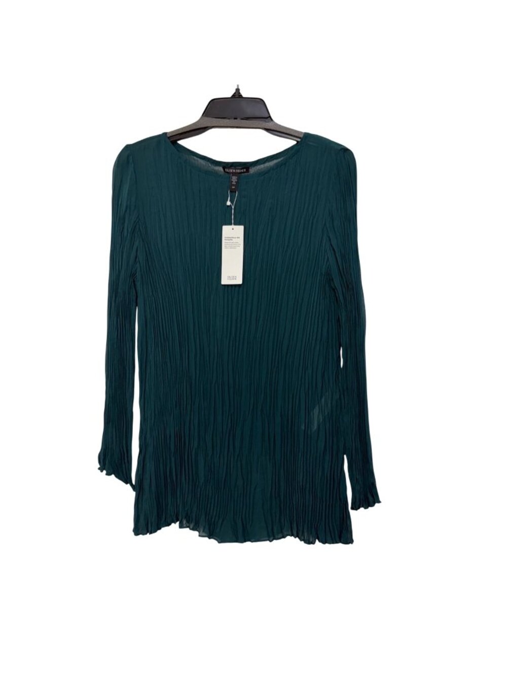 Eileen Fisher Crinkled Sheer Silk Georgette Tunic Top S/P Teal Long Sleeve